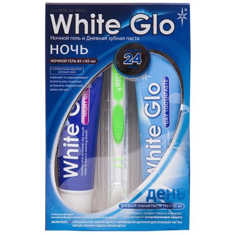 Набор White Glo зубная паста дневная 100 мл и ночной гель 85 мл и зубная щетка зеленый