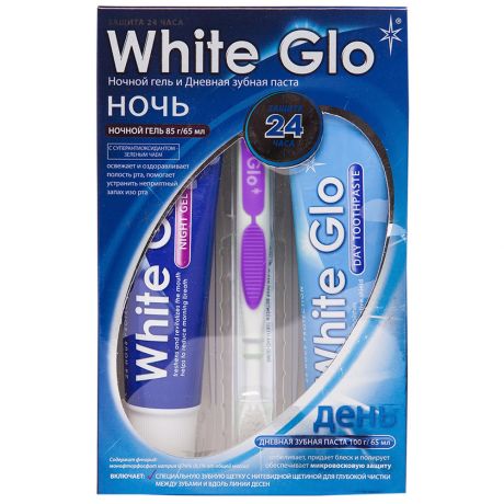 Набор White Glo зубная паста дневная 100 мл и ночной гель 85 мл и зубная щетка фиолетовый