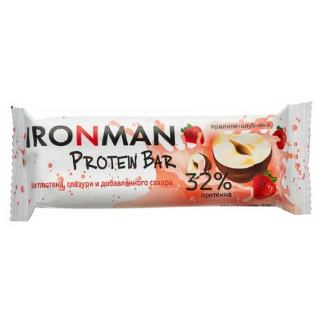 Батончик Ironman протеиновый 32% Protein Bar со вкусом пралине с клубникой модерн 50 г