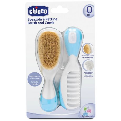 Набор для ухода за волосами детский Chicco расческа и щетка с натуральными щетинками цвет голубой 0+