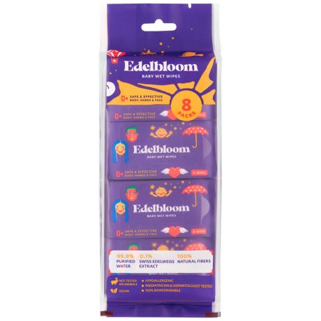 Влажные мини-салфетки детские Edelbloom биоразлагаемые 8 упаковок по 8 штук