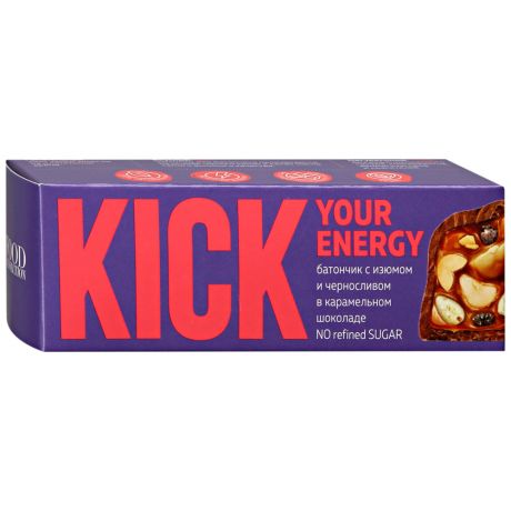 Батончик арахисовый Food Revolution с изюмом и черносливом в карамельном шоколаде Kick 45г