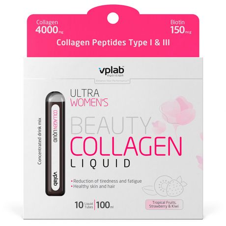 Коллаген VpLab Beauty Collagen Biotin Liquid Tropical fruits strawberry kiwi для женщин 10 штук по 10 мл