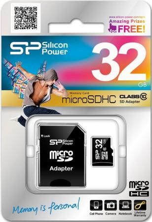 Карта памяти Micro SDHC 32Gb Class 10 Silicon Power SP032GBSTH010V10-SP + адаптер SD