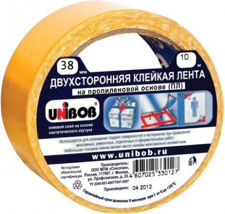 Клейкая лента Unibob 600017 38мм x 10 м двухсторонняя, основа - полипропилен