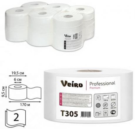 Бумага туалетная 170 м, VEIRO Professional (Система T2), комплект 12 шт., Premium, 2-слойная, T305