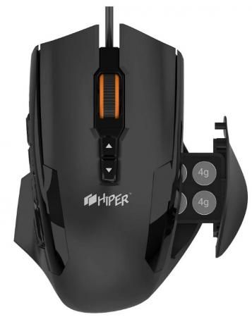 Игровая мышь HIPER SOLATRIS чёрная (USB, 12 кнопок, 10800 dpi, PMW3366, OMRON, RGB подсветка, регулировка веса)