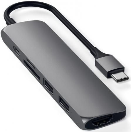 USB-C адаптер Satechi Type-C Slim Multiport Adapter V2. Интерфейс USB-C. Порты: USB-C Power Delivery (PD), 2хUSB 3.0, 4K HDMI, micro/SD. Цвет серый космос.