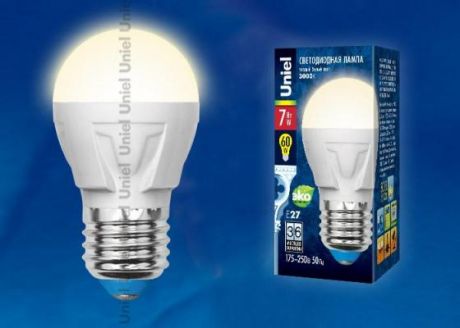 Лампа светодиодная шар Uniel LED-G45 7W/WW/E27/FR PLP01WH E27 7W 3000K UL-00002420