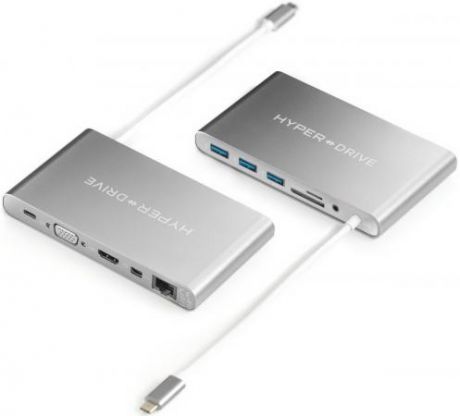 Концентратор USB Type-C HyperDrive GN30-GRAY 3 x USB 2.0 RJ-45 HDMI USB Type-C SD/SDHC SDXC VGA mini-Jack3.5 серый