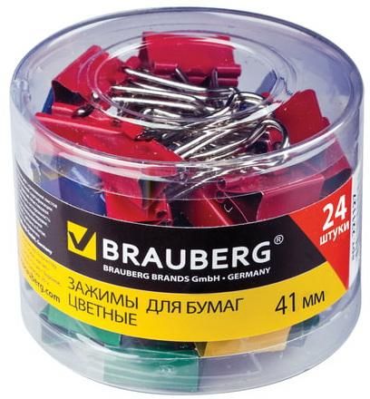 Зажимы для бумаг BRAUBERG, комплект 24 шт., 41 мм, на 200 л., цветные, в пластиковом цилиндре, 221130
