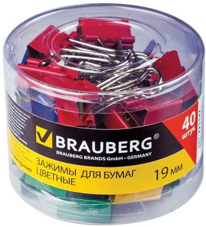 Зажимы для бумаг BRAUBERG, комплект 40 шт., 19 мм, на 60 л., цветные, в пластиковом цилиндре, 221127