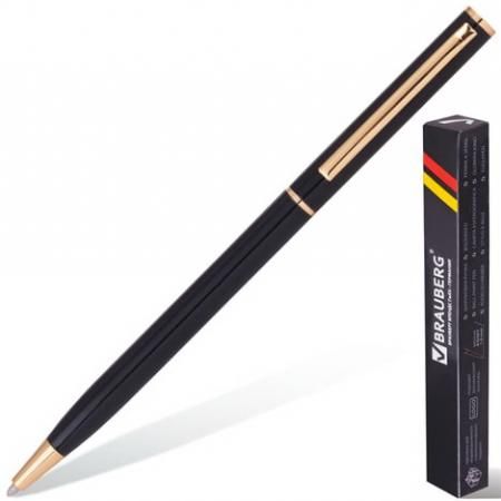 Ручка бизнес-класса шариковая BRAUBERG "Slim Black", корпус черный, золотистые детали, 1 мм, синяя, 141402