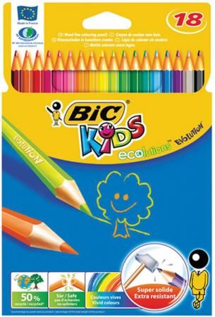 Карандаши цветные BIC "Kids ECOlutions Evolution", 18 цветов, пластиковые, заточенные, европодвес, 937513