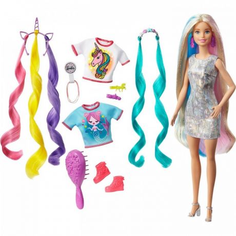 Куклы и одежда для кукол Barbie Кукла Радужные волосы со съемными разноцветными прядями