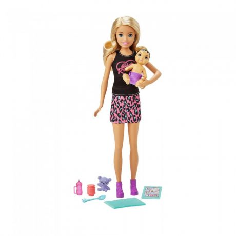 Куклы и одежда для кукол Barbie Кукла Няня в лосинах с малышом и аксессуарами
