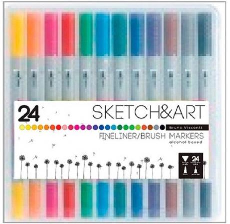 Канцелярия Sketch&Art Набор маркеров двухсторонних Кисточка и линер 24 цвета