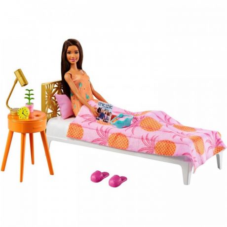 Куклы и одежда для кукол Barbie Кукла брюнетка в платье в спальне с кроватью