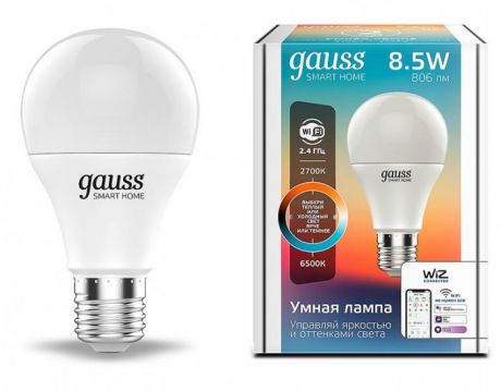 Светильники Gauss Лампа Светодиодная Smart Home DIM+CCT E27 A60 8.5 Вт