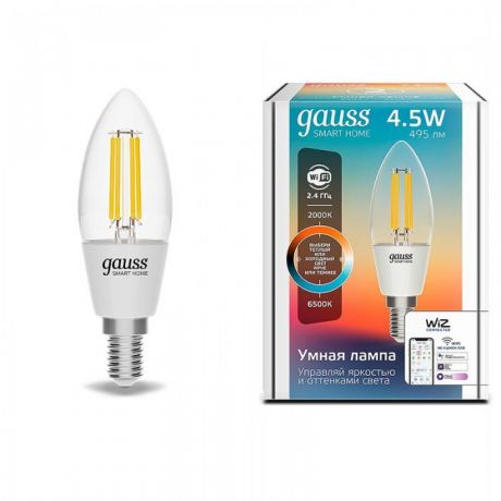 Светильники Gauss Лампа светодиодная филаментная Smart Home DIM+CCT E14 C35 4,5 Вт 2000-6500К