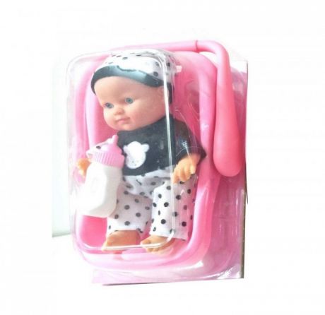 Куклы и одежда для кукол ABtoys Пупс Мой малыш с бутылочкой в переноске в черно-белом комбинезончике 23 см
