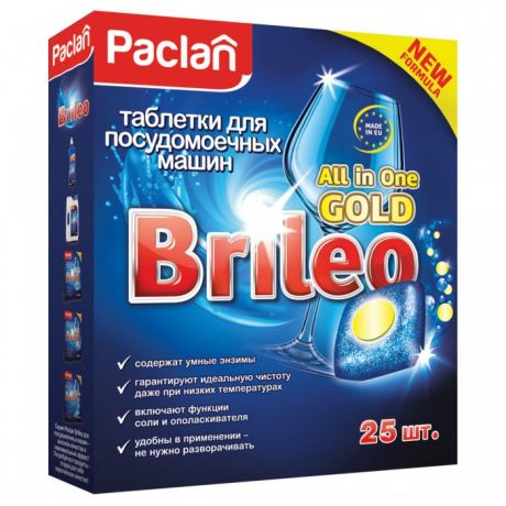 Бытовая химия Paclan Таблетки для мытья посуды в посудомоечных машинах Brileo All in one Gold 25 шт.