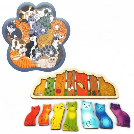 Деревянные игрушки Тебе-Игрушка Зоопазл Кошки + Развивающая доска Разноцветные котята
