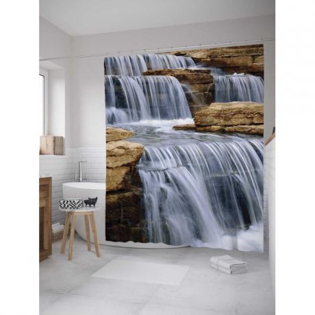 Шторы для ванны JoyArty Штора занавеска из сатена с крючками Каменный водопад 200х180 см