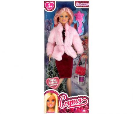 Куклы и одежда для кукол Карапуз Кукла София в розовой шубе с сумочкой и расческой 29 см