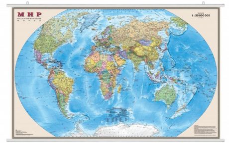 Атласы и карты Ди Эм Би Политическая карта мира 1:35 Ламинированная На рейках Прозрачный тубус 90x58