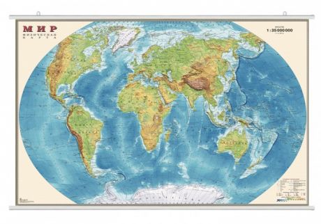 Атласы и карты Ди Эм Би Физическая карта мира 1:35 Ламинация На рейках В прозрачном тубусе 90x58 см