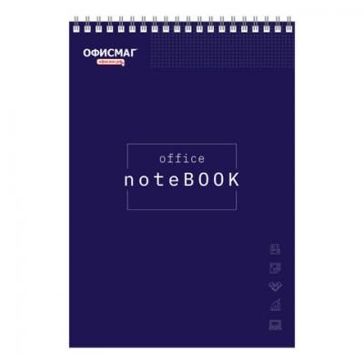 Блокнот А4 80 листов, гребень, жесткая подложка, клетка, ОФИСМАГ, темно-синий, 129865