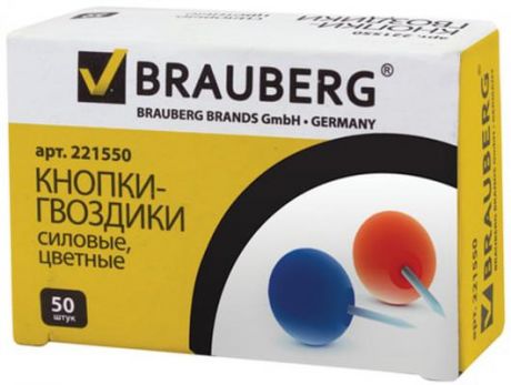 Силовые кнопки-гвоздики BRAUBERG, цветные (шарики), 50 шт., в картонной коробке, 221550