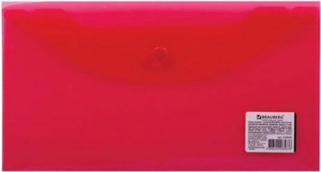 Папка-конверт с кнопкой BRAUBERG, 250х135 мм, 150 мкм, прозрачная, красная, 224030