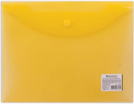 Папка-конверт с кнопкой BRAUBERG, А5, 240х190 мм, 150 мкм, прозрачная, желтая, 224028