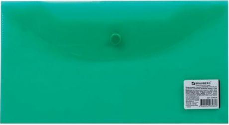 Папка-конверт с кнопкой BRAUBERG, 250х135 мм, 150 мкм, прозрачная, зеленая, 224029