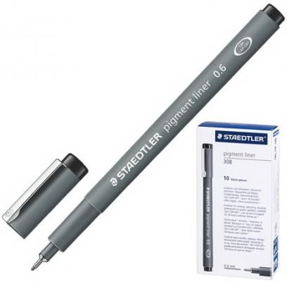 Ручка капиллярная STAEDTLER "Pigment Liner", ЧЕРНАЯ, корпус серый, линия письма 0,6 мм, 308 06-9