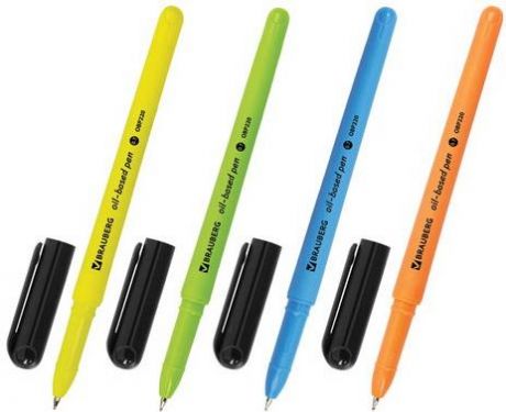 Ручка шариковая масляная BRAUBERG "i-Stick Neon", СИНЯЯ, корпус ассорти, узел 0,7 мм, линия письма 0,35 мм, OBP220