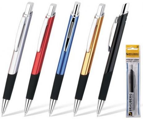 Ручка бизнес-класса шариковая BRAUBERG "Express", корпус ассорти, серебристые детали, резиновый упор, 1 мм, синяя, 141435