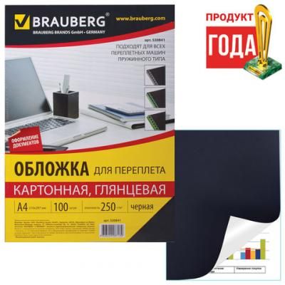 Обложки для переплета BRAUBERG, комплект 100 шт., глянцевые, А4, картон 250 г/м2, черные, 530841