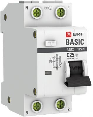 EKF DA12-25-30-bas Дифференциальный автомат 1P+N 25А 30мА тип АС х-ка C эл. 4,5кА АД-12 EKF Basic