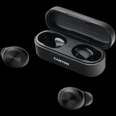 Canyon TWS-1 Bluetooth headset, with microphone, BT V5.0, Bluetrum AB5376A2, battery EarBud 45mAh*2+Charging Case 300mAh, cable length 0.3m, 66*28*24mm, 0.04kg, Black