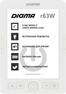 Электронная книга Digma R63W 6" E-Ink Carta 800x600 600MHz/4Gb/microSDHC/frontlight белый