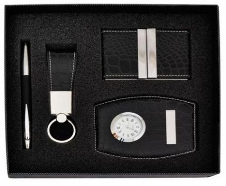 Набор: ручка шариковая, брелок, визитница и часы. Цвет-черный. 4 предмета в наборе.