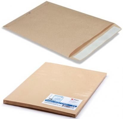 Конверт-пакет С4 плоский, комплект 25 шт., 229х324 мм, отрывная полоса, крафт-бумага, коричневый, на 90 листов, 161150.25