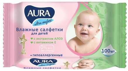 Салфетки влажные КОМПЛЕКТ 100 шт., для детей AURA "Ultra comfort", универсальные, очищающие, гипоаллергенные, без спирта, 5637