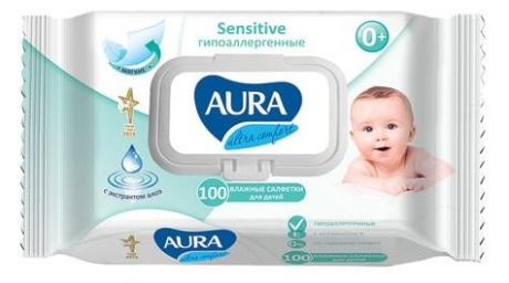 Салфетки влажные AURA Ultra comfort детские не содержит спирта без отдушки гипоаллергенные 100 шт
