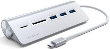 USB-концентратор Satechi Type-C USB Hub & Micro/SD Card Reader. Интерфейс USB-C. 3 порта USB 3.0 , слоты для карты памяти. Цвет серебряный.