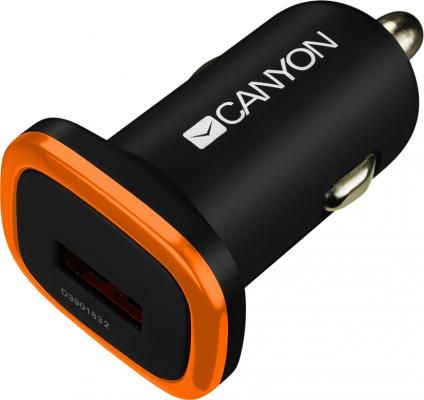 Автомобильное зарядное устройство CANYON Universal 1xUSB car adapter, Input 12V-24V, Output 5V-1A, black rubber coating with orange electroplated ring