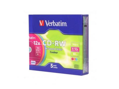 Диски CD-RW Verbatim 700Mb 12x SlimCase 5шт Color 43167